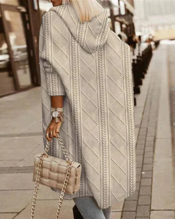 Light beige hooded long cardigan coat with textured diamond knit and patch pockets