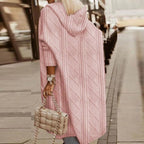 Dusty pink hooded long cardigan with diamond cable knit texture and long sleeves