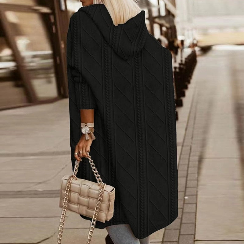 Black hooded long cardigan with textured diamond knit pattern and patch pockets