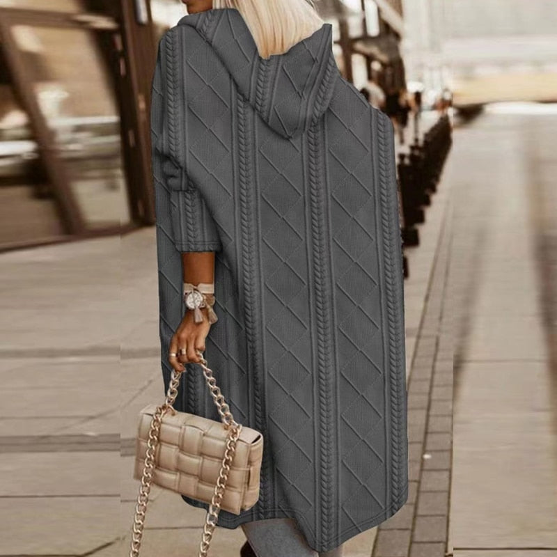 Dark gray hooded long cardigan with textured diamond knit pattern and patch pockets