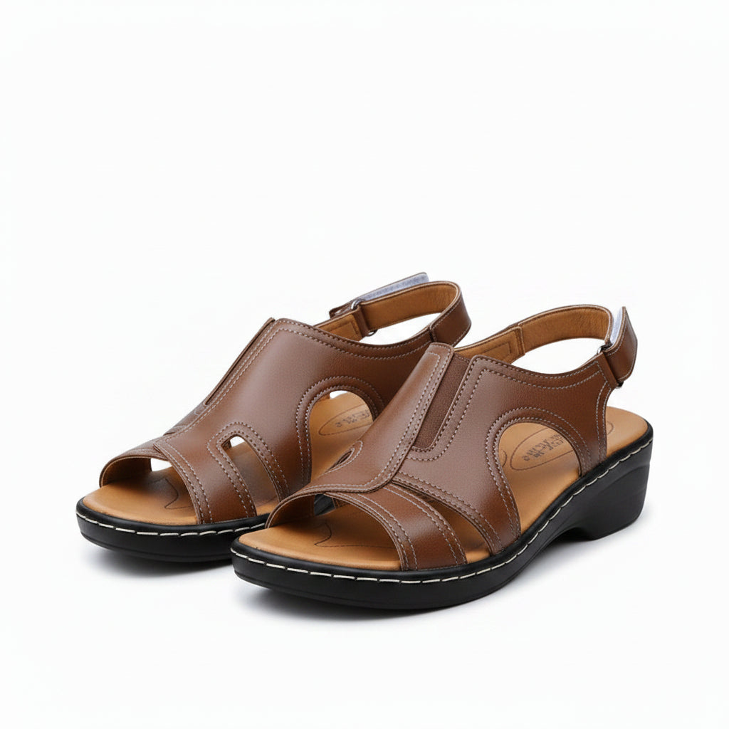 Women’s leather comfort wedge sandals in brown with open toe and ankle chain strap