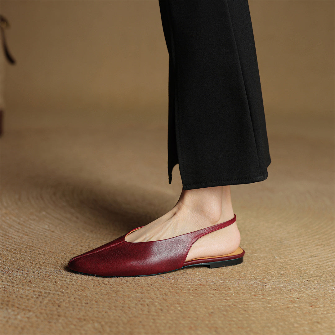 Wine red genuine leather pointed-toe flats, low-profile slip-on design