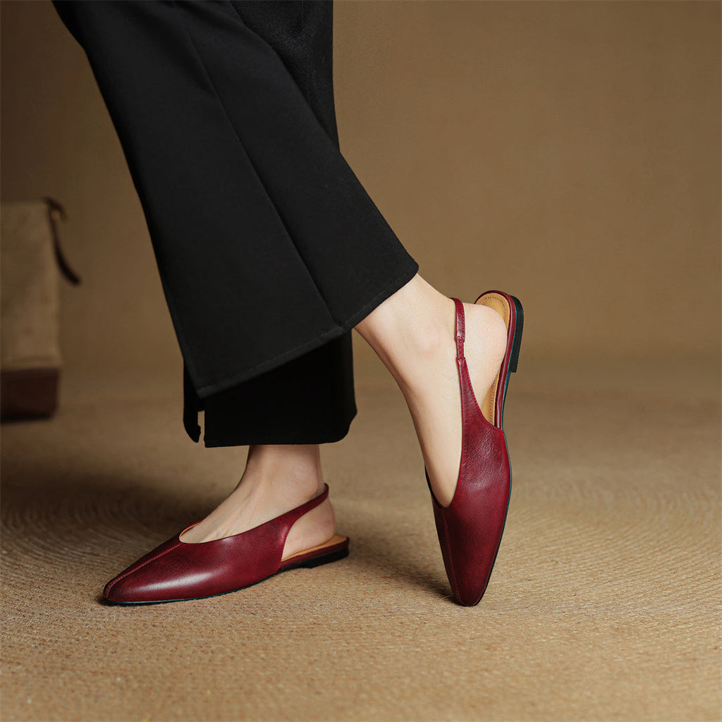 Wine red genuine leather pointed-toe flats with slim sole and back lift
