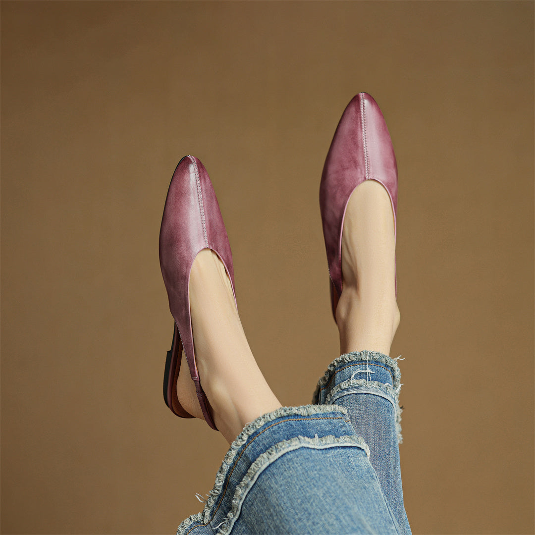Mauve genuine leather pointed-toe flats with cream insole lining and low heel