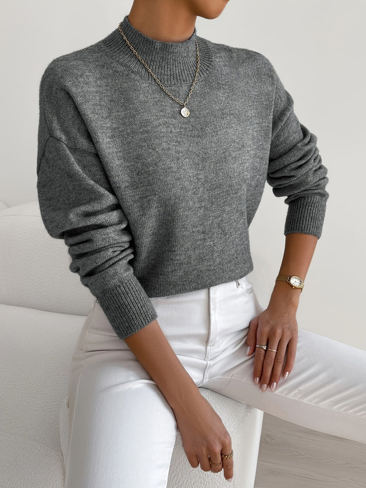 Women’s turtleneck knit sweater, dark gray with long sleeves