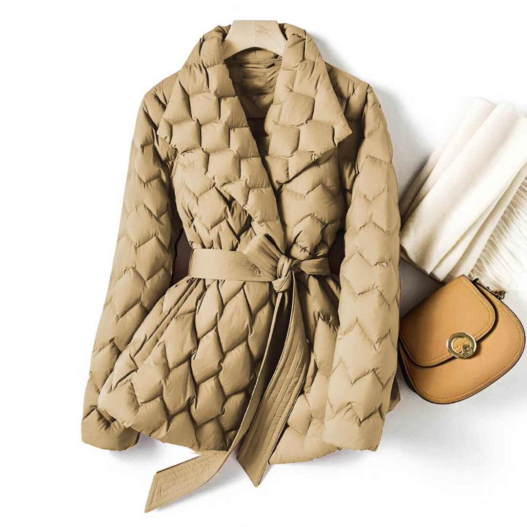 Quilted down coat in sandstone beige with tie-belt and diamond quilting, front view