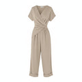 Beige wrap V-neck short-sleeve jumpsuit with tied waist and matching cropped pants