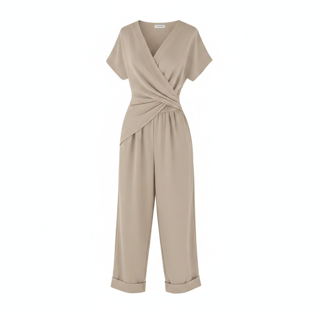 Beige wrap V-neck short-sleeve jumpsuit with tied waist and matching cropped pants