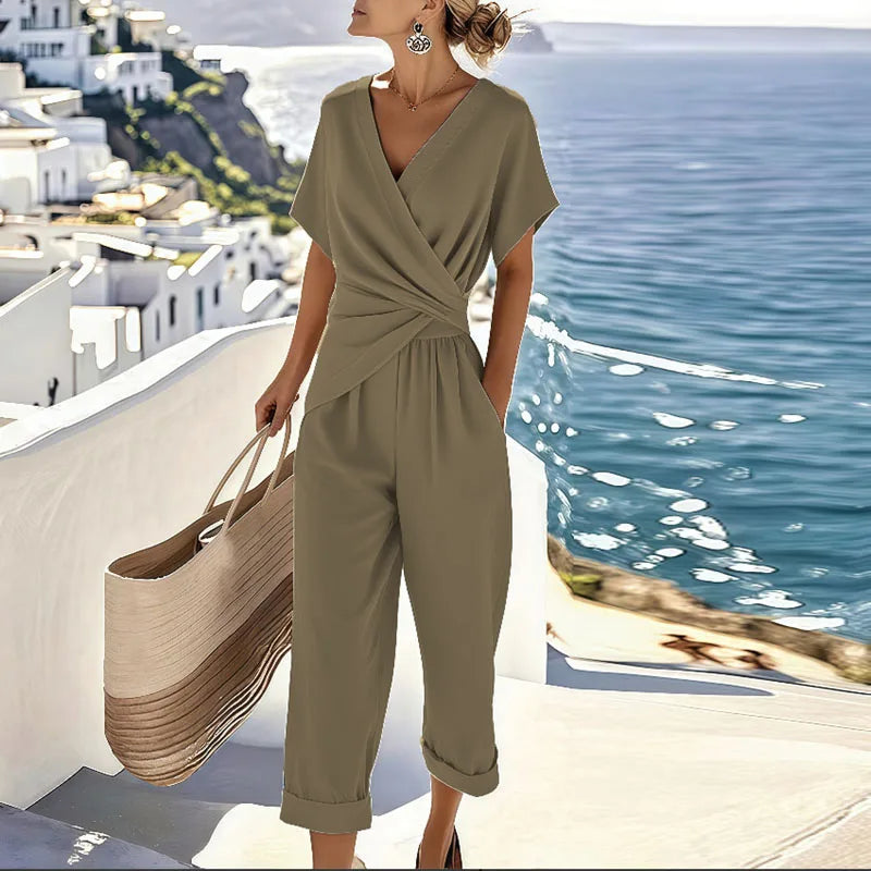 Olive wrap V-neck short-sleeve jumpsuit with tied waist and matching cropped pants