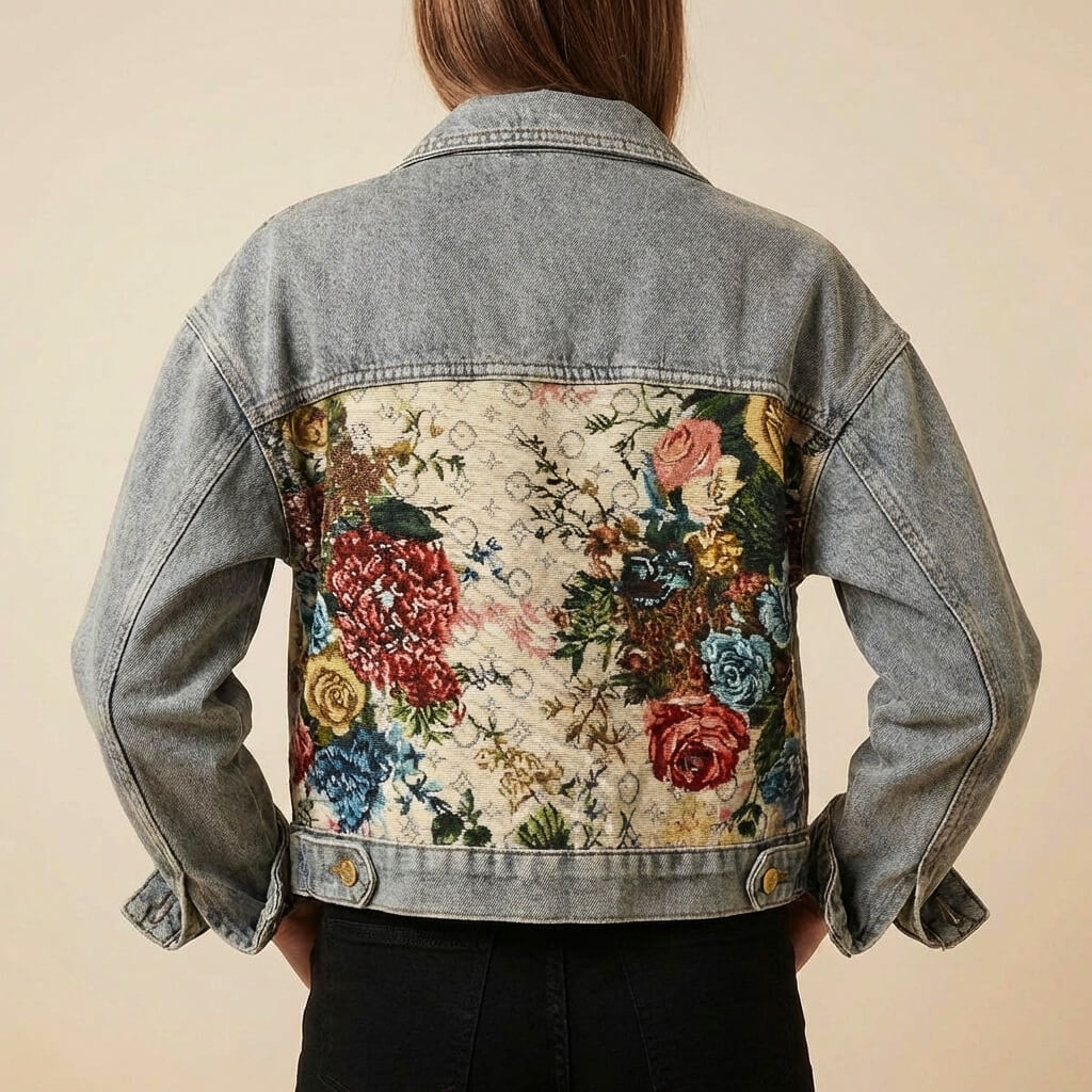 Floral patchwork denim jacket, back view, light blue denim with floral panels