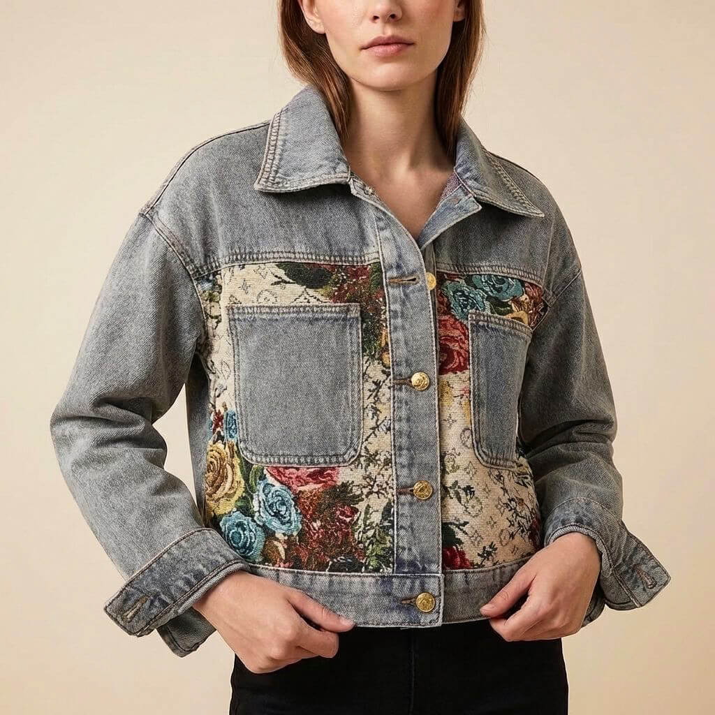 Floral patchwork denim jacket with button front, chest pockets, light blue denim