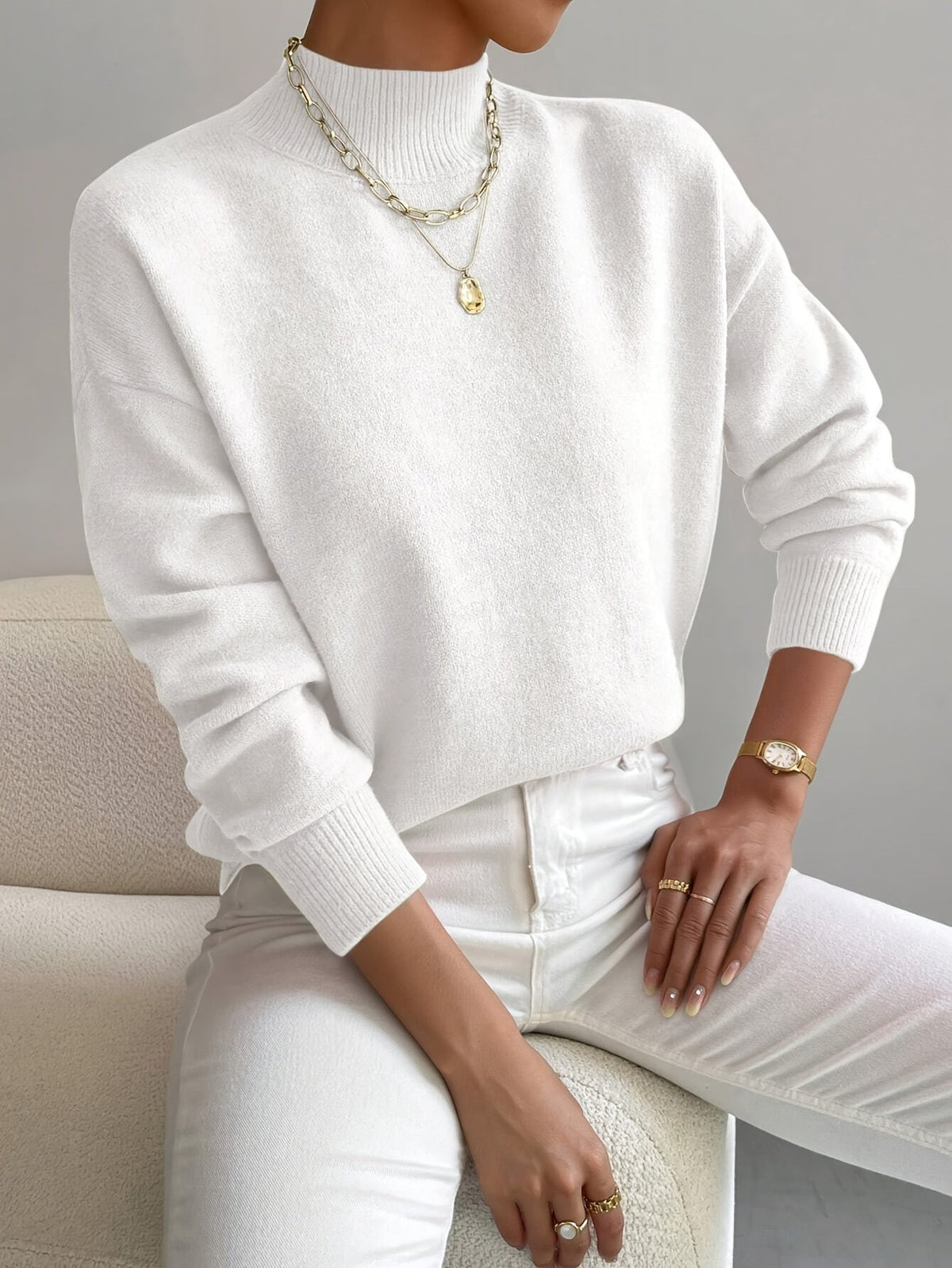 Women’s turtleneck knit sweater, white with long sleeves