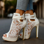 Ivory lace peep-toe platform heels with ankle strap and high gold heel