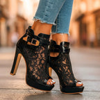 Classic black lace peep-toe platform heels with double strap and gold buckle
