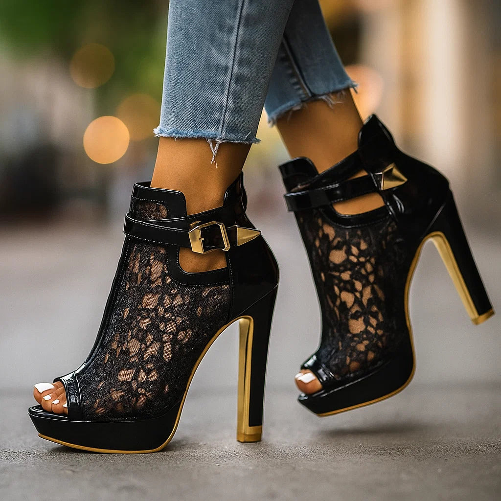 Classic black lace peep-toe platform heels with ankle strap and gold buckle
