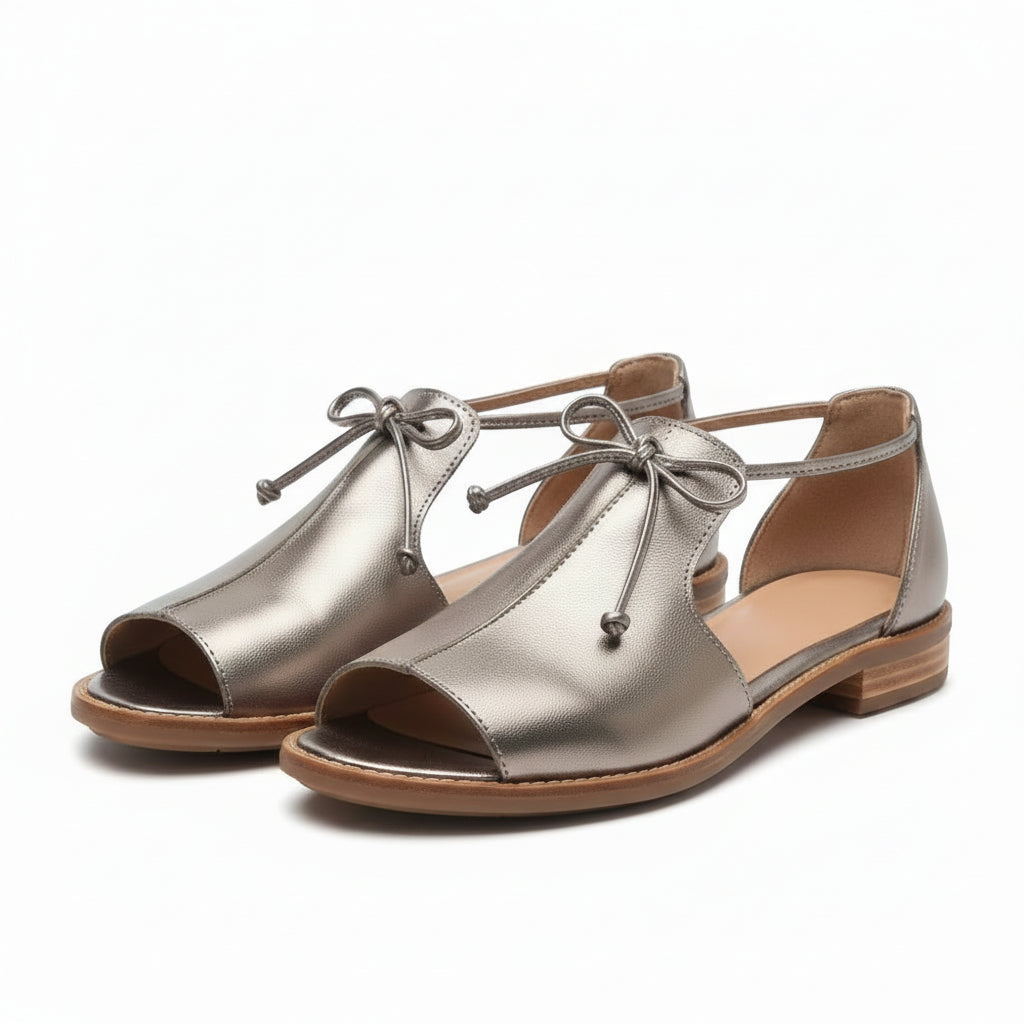 Champagne metallic leather strap sandals with peep toe and adjustable ankle tie