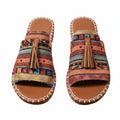 Women’s multicolor patterned adjustable slide sandals with tassel detail and toe loop