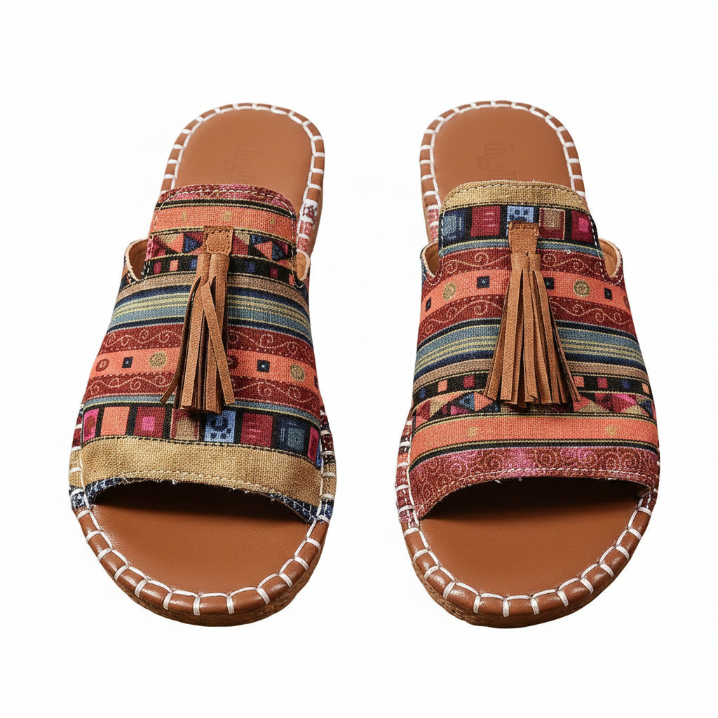 Women’s multicolor patterned adjustable slide sandals with tassel detail and toe loop