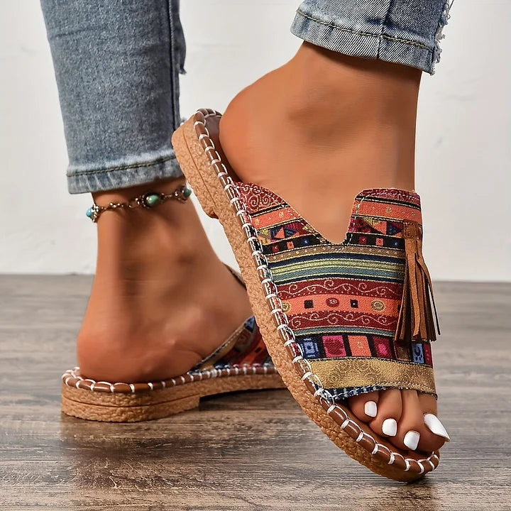 Women’s multicolor striped adjustable slide sandals with tassel and braided trim sole