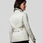 Women's quilted jacket with lapel collar, light white, belted waist and button front
