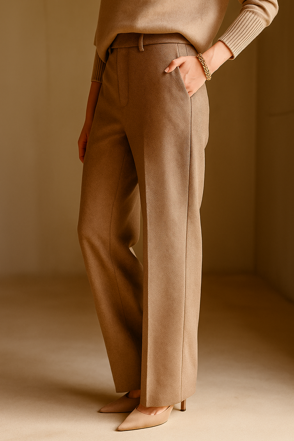 Women’s high-waisted straight-leg trousers, camel brown with front crease and side pockets