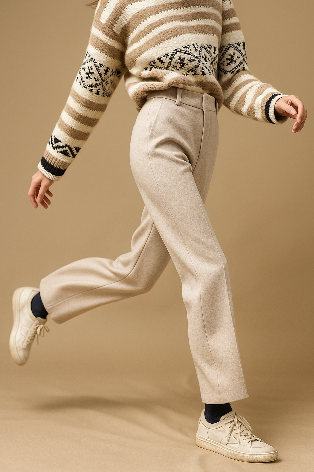 High-waisted light beige trousers with belt loops, front pleat, and ankle-length straight legs