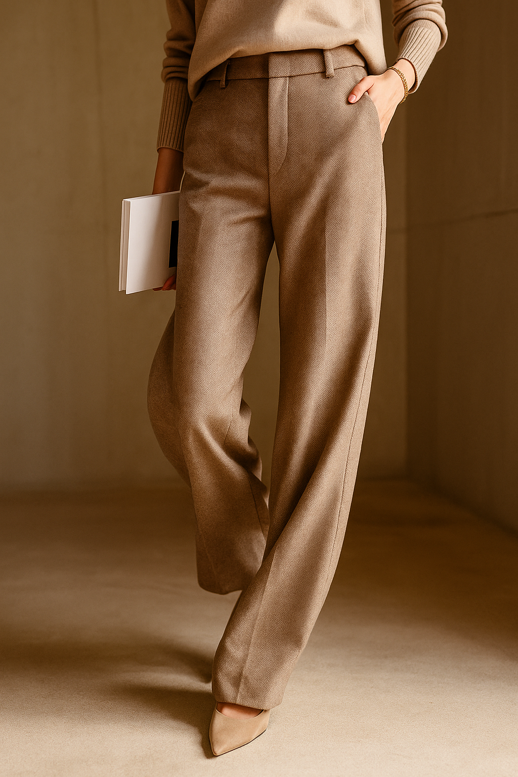 High-waisted taupe-brown trousers with belt loops, front pleat, and tapered straight legs