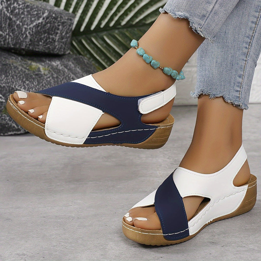 Blue and white orthopedic wedge sandals for women, open toe with side strap