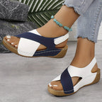Blue and white orthopedic wedge sandals for women, open toe with side strap