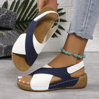 White and navy orthopedic wedge sandal with open toe and side strap