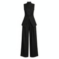 Black sleeveless linen pant set, high-neck button vest and wide-leg trousers