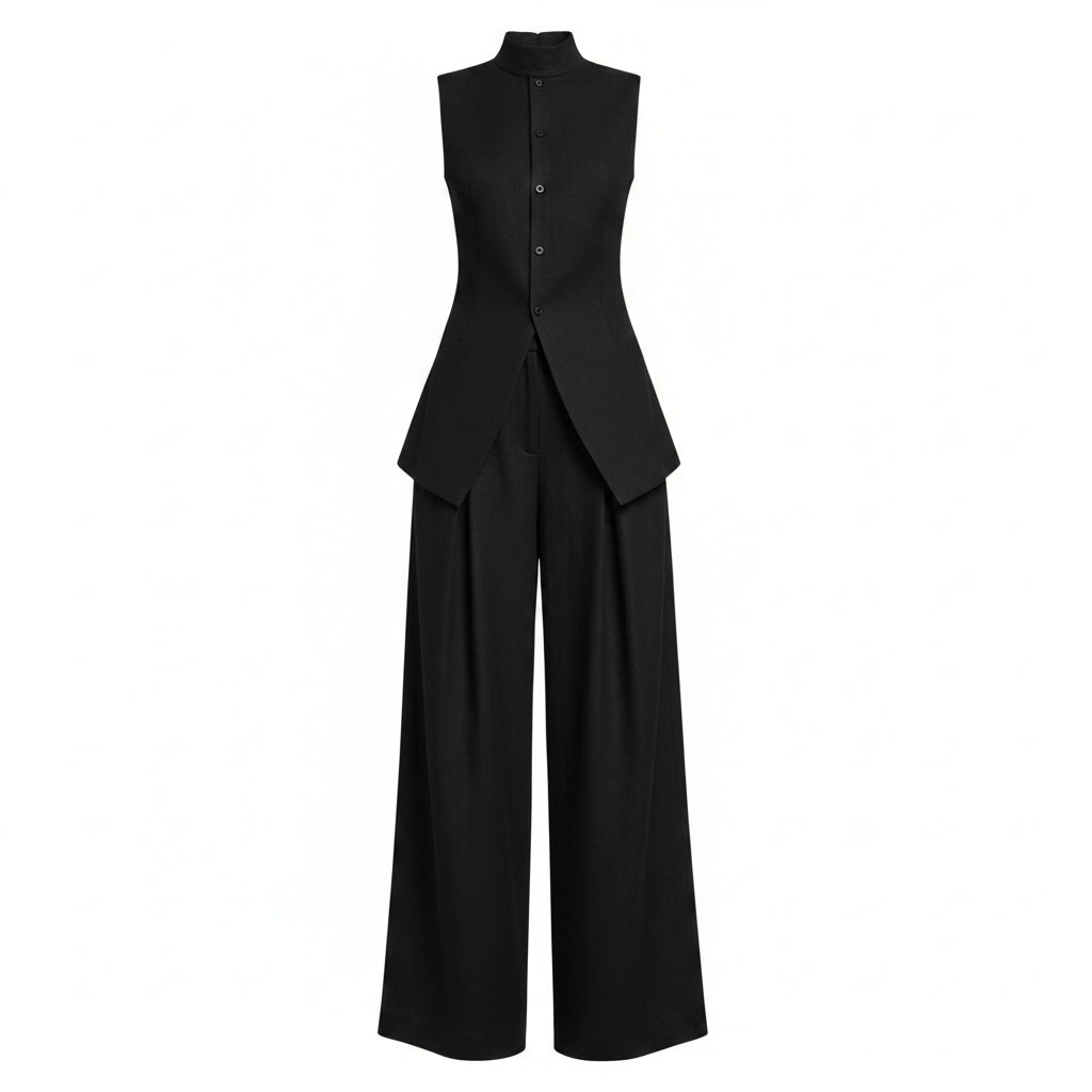 Black sleeveless linen pant set, high-neck button vest and wide-leg trousers