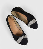 Black orthopedic flats with silver glitter strap, tan insole, low wedge sole