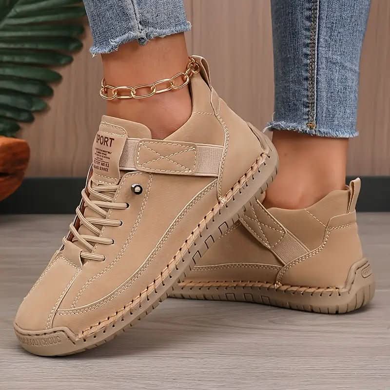Lightweight walking sneakers in beige/tan, lace-up high top with padded collar