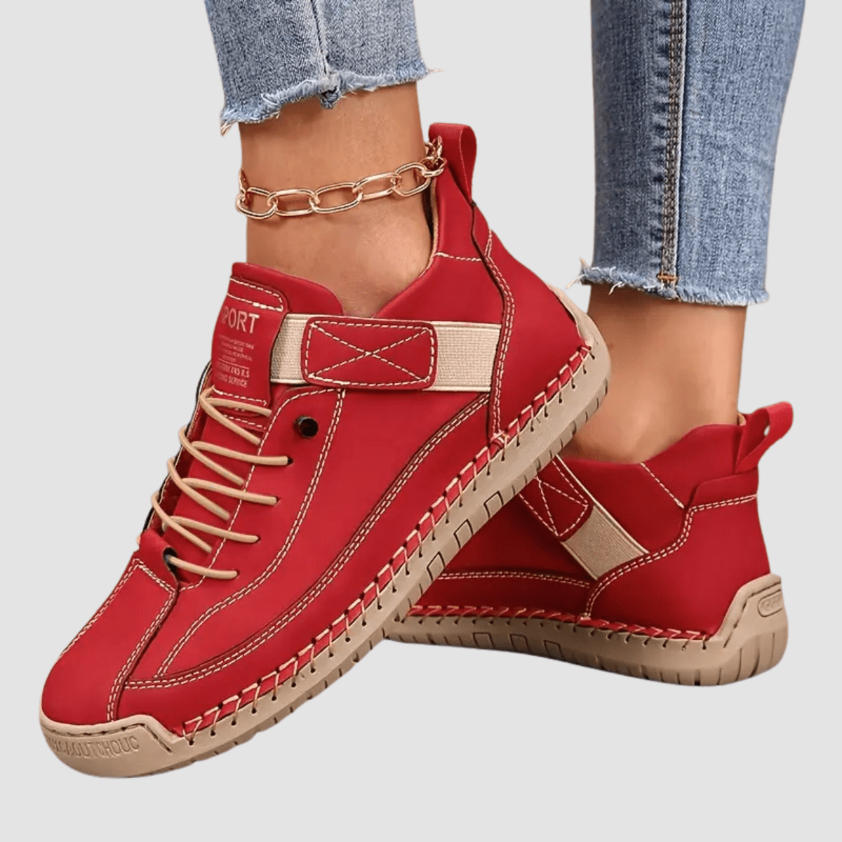 Lightweight walking sneakers in red, lace-up high top with contrast stitching