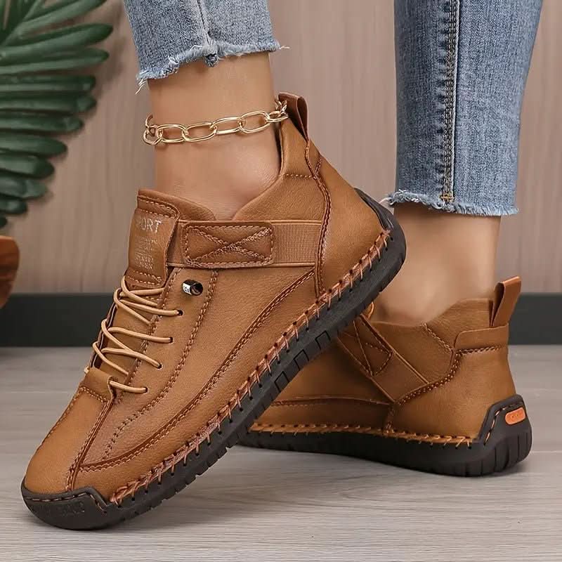 Lightweight walking sneakers in brown, lace-up high top with ankle chain bracelet