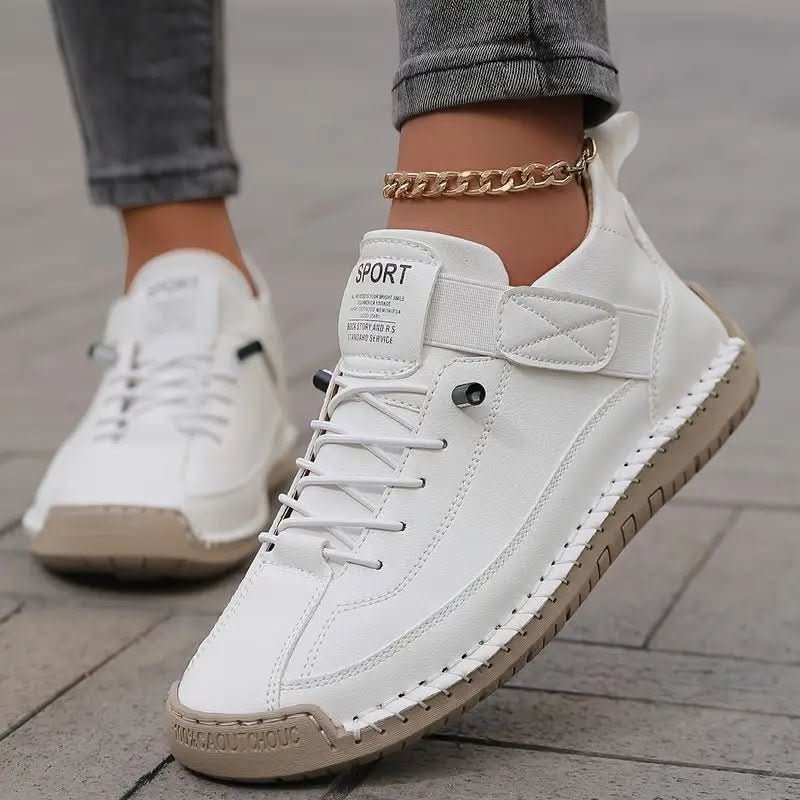 Lightweight walking sneakers in white, lace-up high top with padded ankle strap