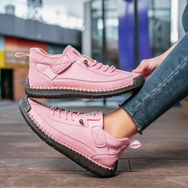 Lightweight walking sneakers in pink, lace-up high top with chunky tread sole