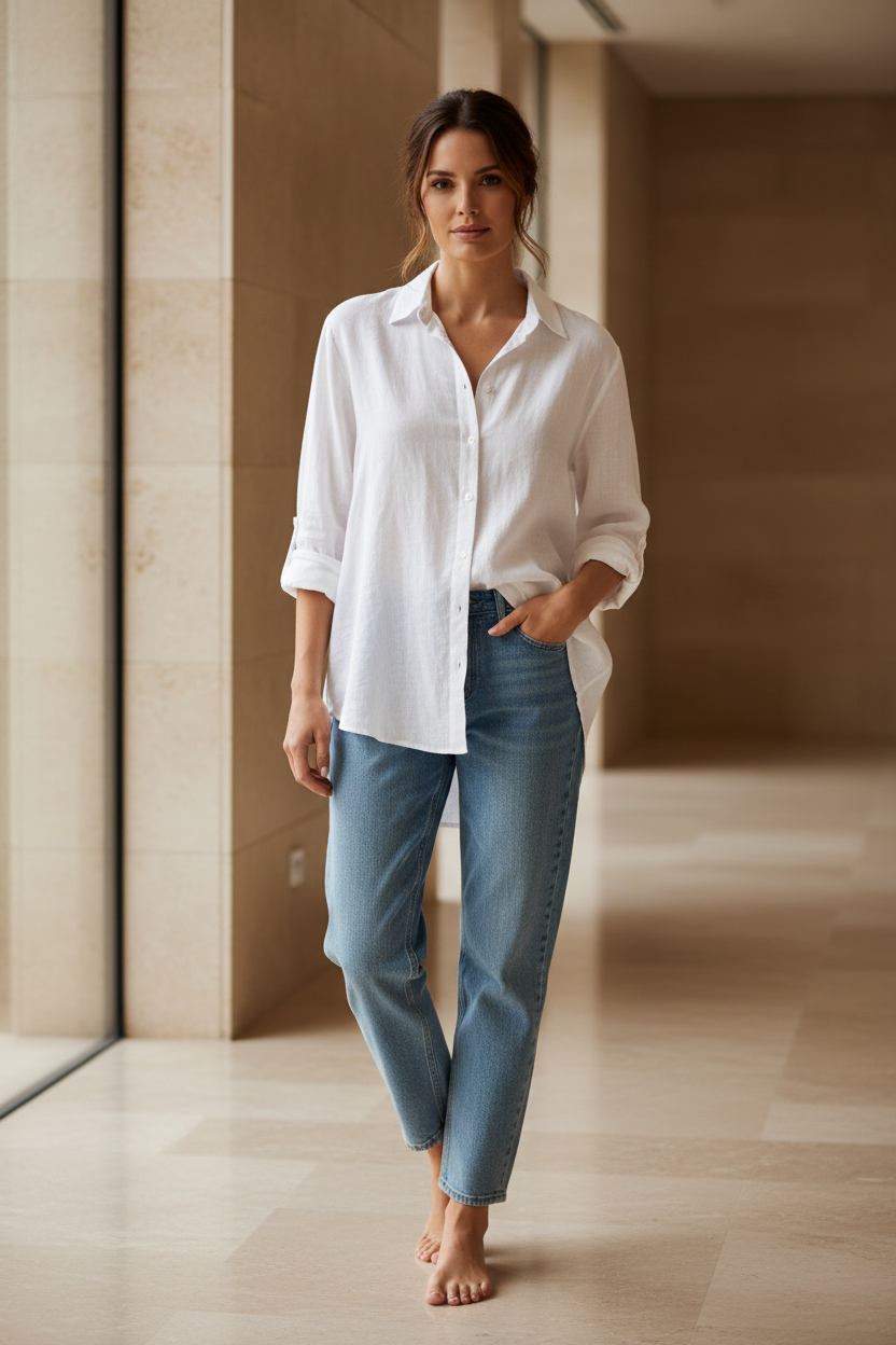 White linen button-front blouse with open collar, relaxed fit, rolled 3/4 sleeves