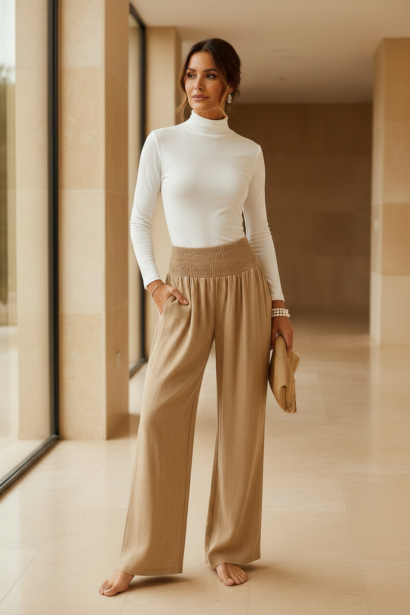 Khaki high-waisted wide-leg trousers with elastic waist and relaxed straight fit