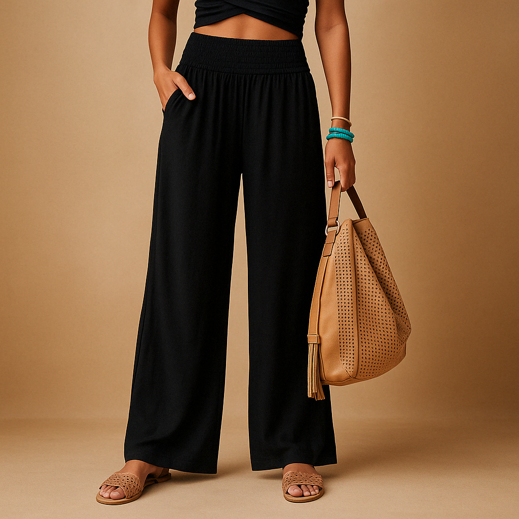 Black high-waisted wide-leg trousers with elastic waistband and relaxed, full legs