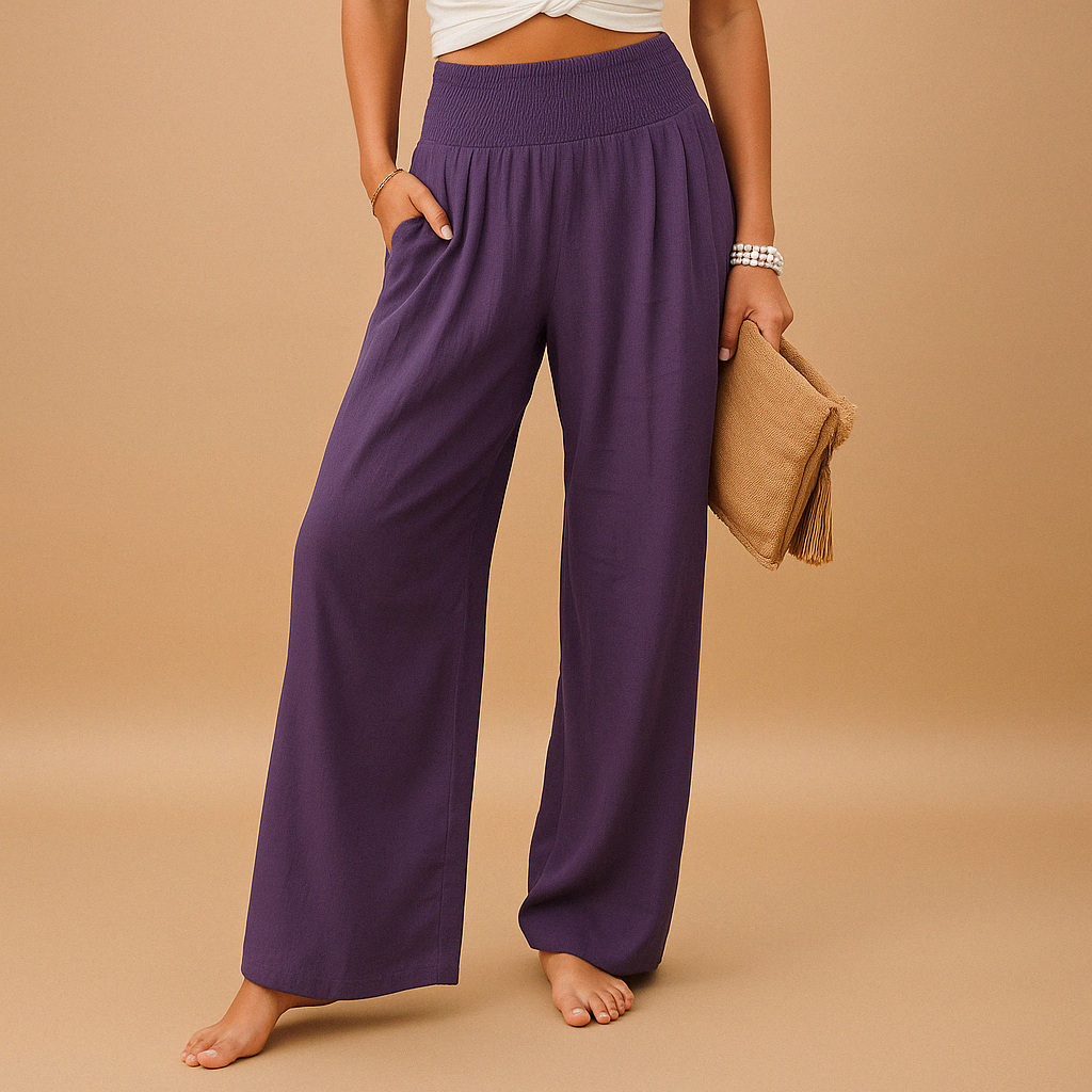 Purple high-waisted wide-leg trousers with elastic waistband and relaxed, drapey legs