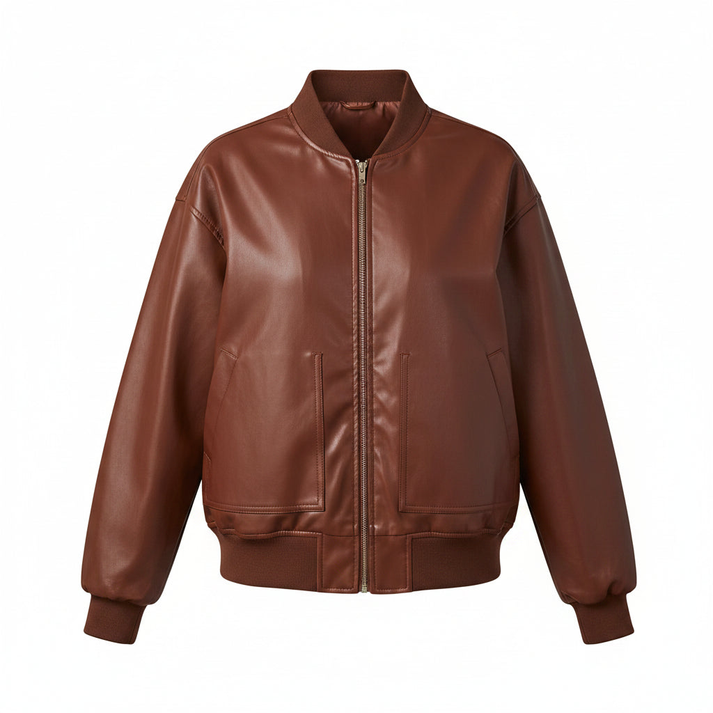 Brown leather zip-up jacket with stand collar and ribbed cuffs
