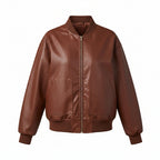 Brown leather zip-up jacket with stand collar and ribbed cuffs