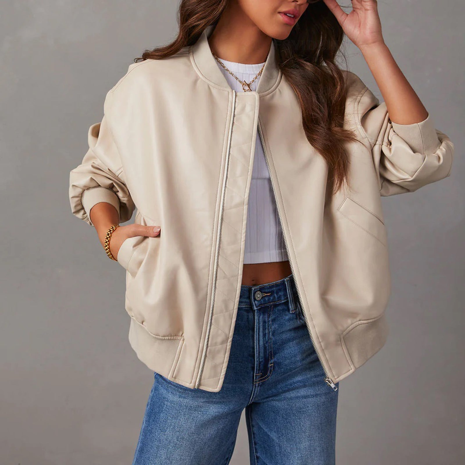 Cream leather zip-up jacket with stand collar and front zipper