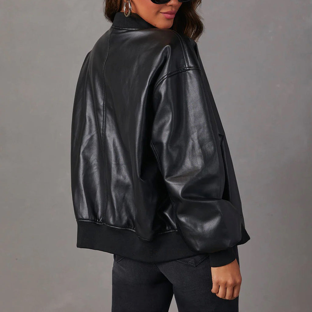 Black leather zip-up jacket with side pockets and relaxed sleeves
