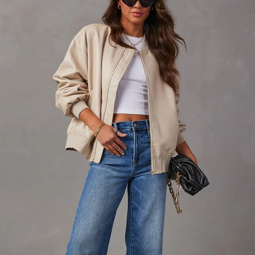 Cream leather zip-up jacket with stand collar and ribbed cuffs