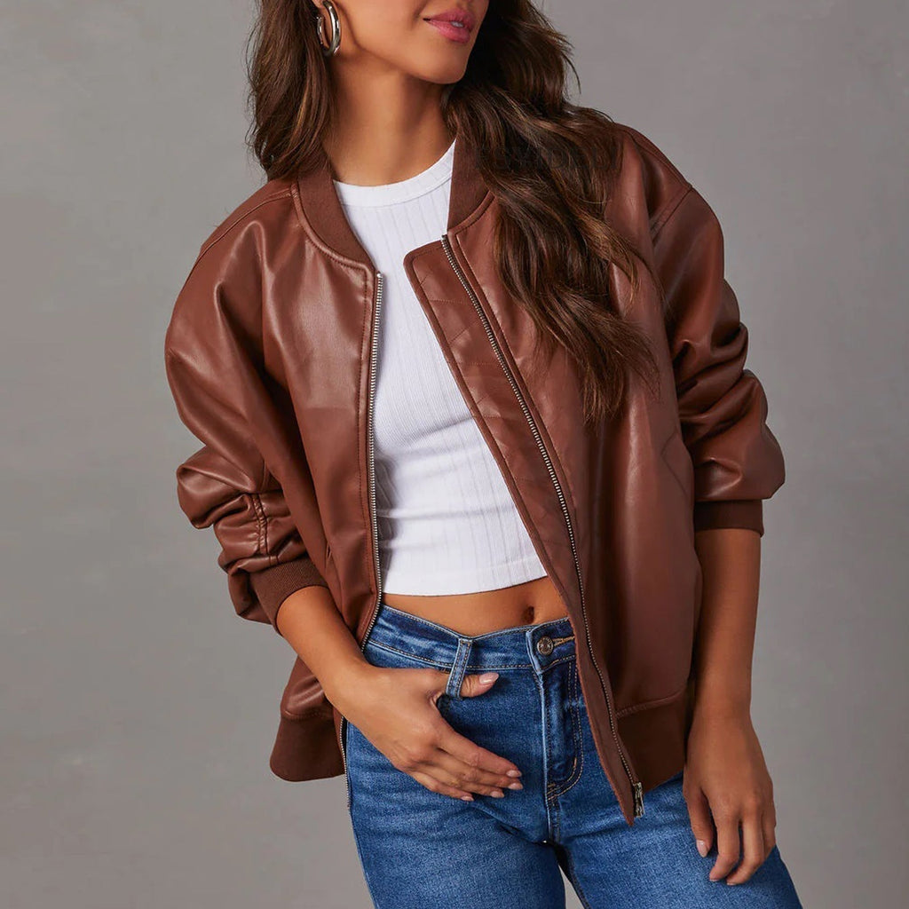 Brown leather zip-up jacket with stand collar and zipper trim
