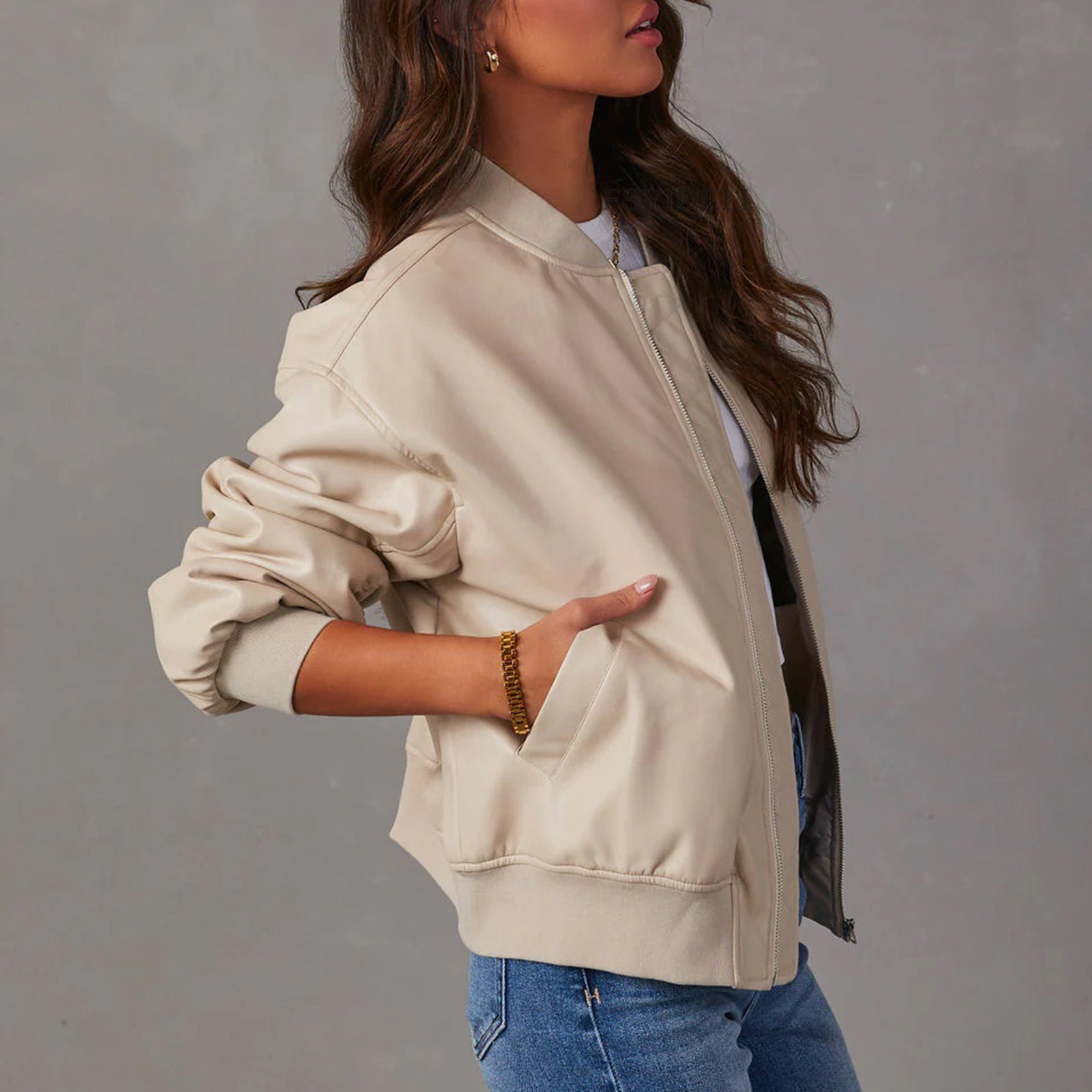 Cream leather zip-up jacket with stand collar and front zipper