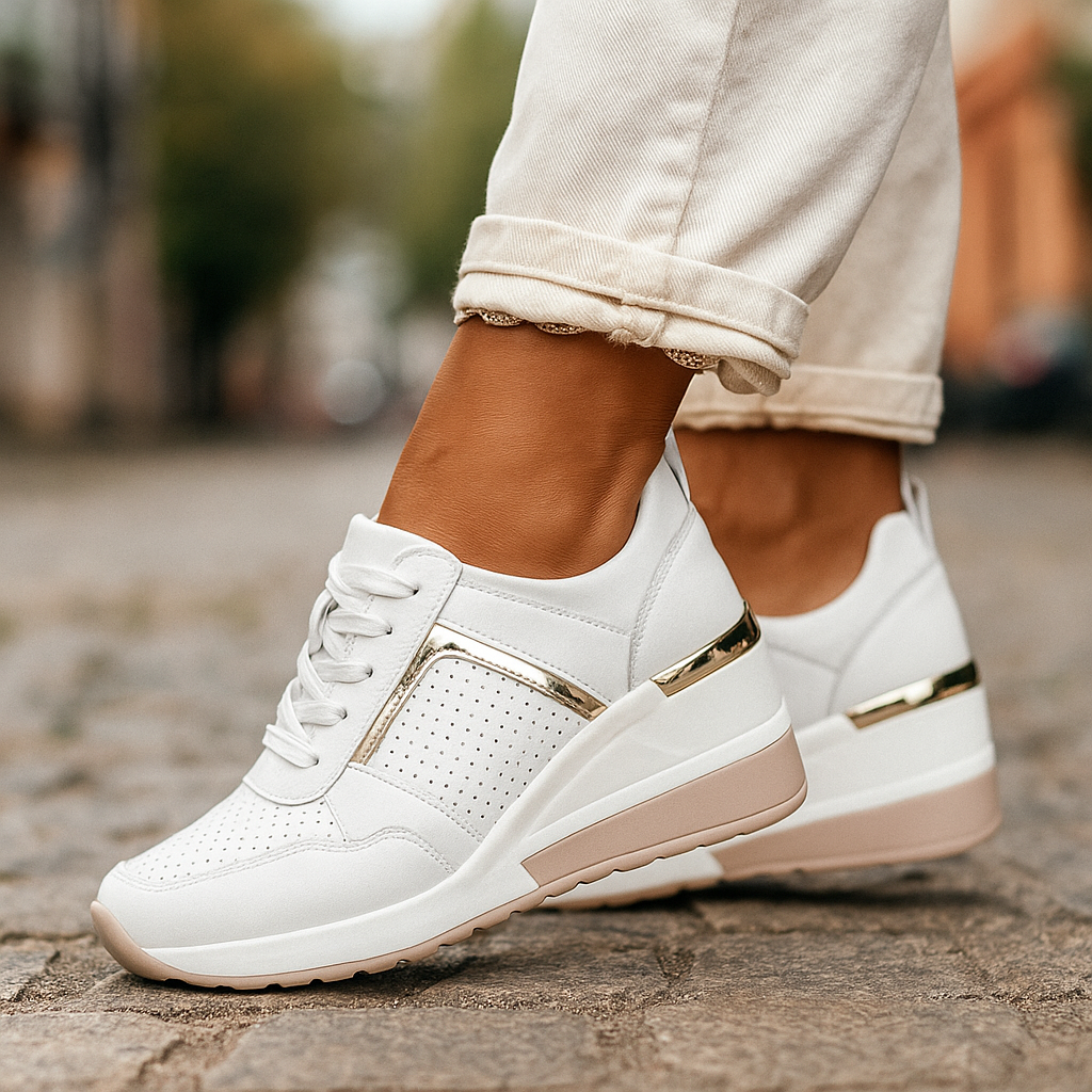 White lift sneakers with perforated panels, gold-tone side detail, and lace-up design